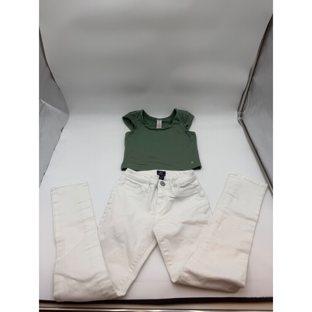 Justice small Green Top and Gap Kids White Super Skinny Jeans Set Size 10 Slim